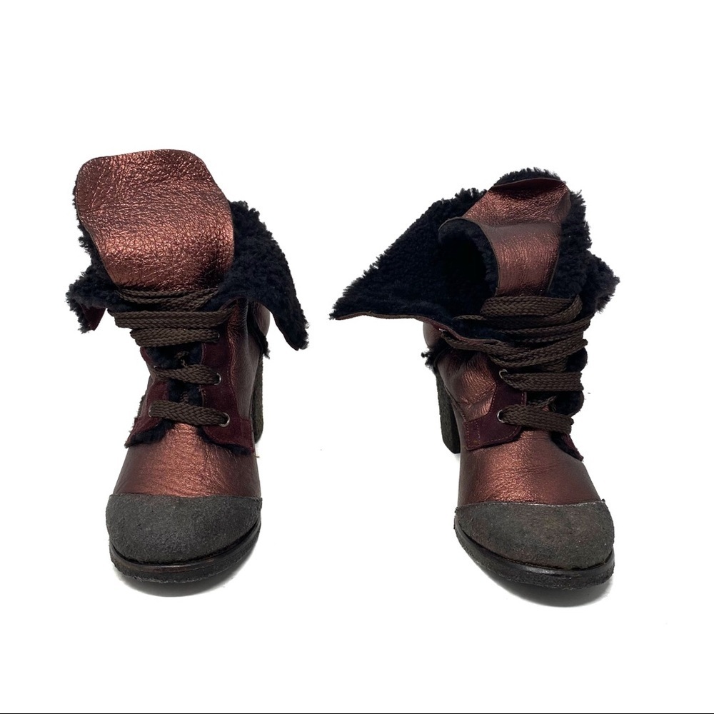 FENDI Vintage Metallic Leather Shearling Boots - Picture 2 of 8